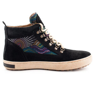 Inkkas Brisbane Camping Boots Womens 10 Black Suede Aboriginal Art Hi Top Hiking
